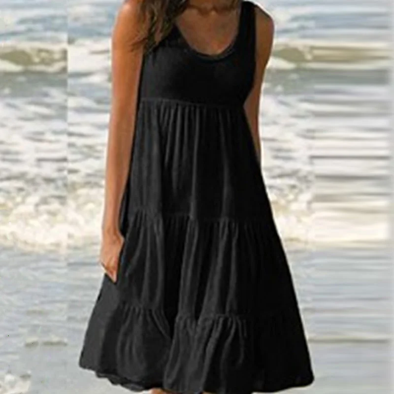 

Casual Women O-neck Midi Dress Summer Solid Sleeveless Party Dresses Female Sundress Holiday Beach Dress
