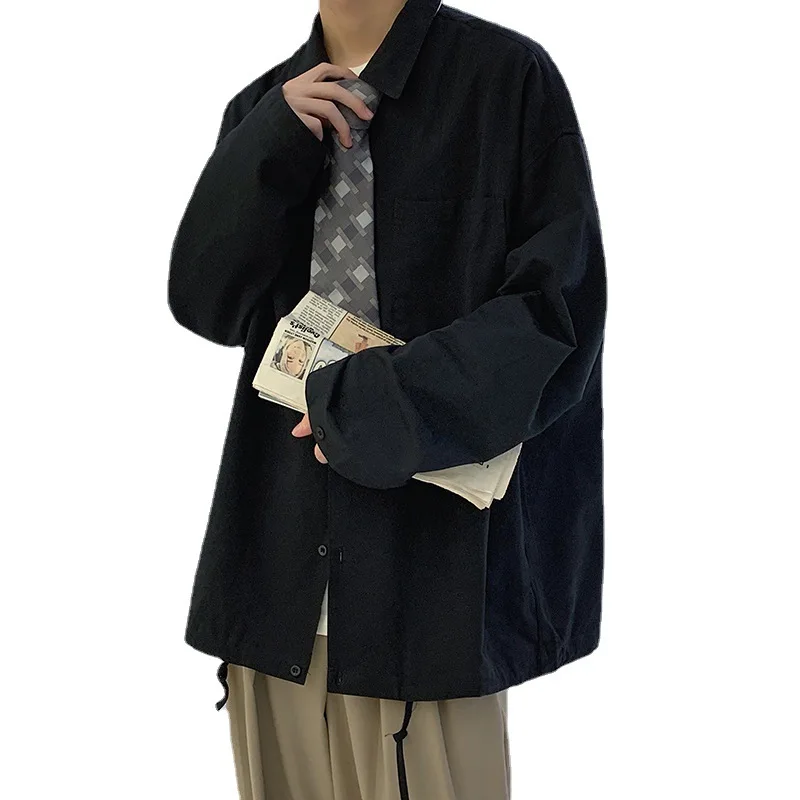 

Spring long sleeve shirt men's Hong Kong wind day department all-match solid casual cargo shirt loose