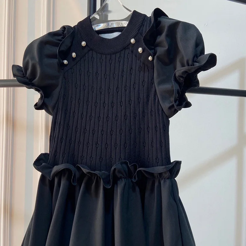 

VGH Black Elegant Patchwork Ruffle Dress For Women O Neck Short Sleeve High Waist Irregular Midi Dresses Female 2021 Summer Tide
