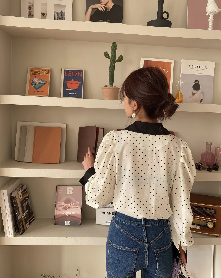 

Hit Color Patchwork Dot Blouse Women Turn Down Collar Puff Long Sleeve Single Breast Blusas Spring 2021 New Shirt Loose