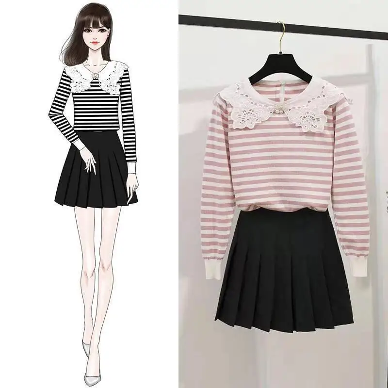 Корейский стиль Женский комплект из 2 предметов полосатый топ и юбка зимней