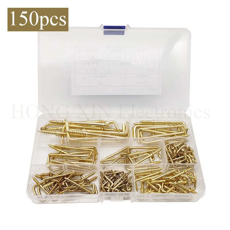 

150PCS 8 Sizes Brass Plated Metal Screw-in Square Bend Hooks Kit, L Type Bend Hooks Self-Tapping Screws Hooks