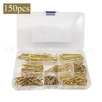 150pcs 8 sizes brass plated metal screw in square bend hooks kit l type bend hooks self tapping screws hooks