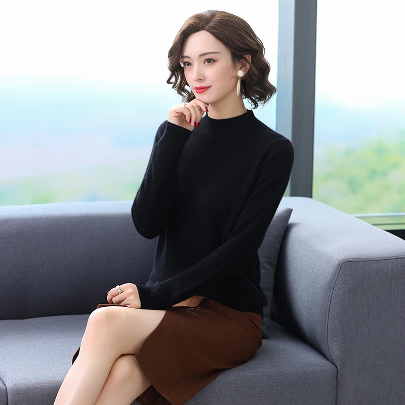 

Black Red Pink Gray Camel Sheep Wool Pullover Sweater Women Winter Autumn Soft Cozy Mock Neck Woolen Knitted Top Plain Knitwear