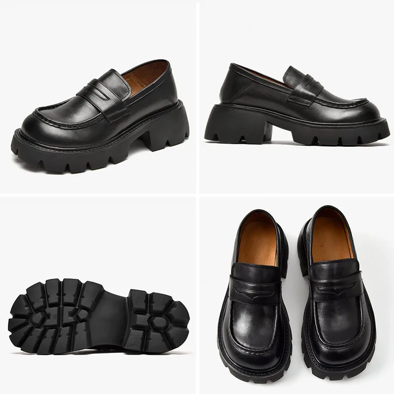 

Casual Ladies Flats Handmade Platform Loafers Women Cow Leather Penny Shoes JK Style Round Toe Step-in Heel