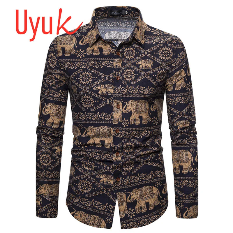 2020 UYUK Мужская рубашка с длинным рукавом размера плюс тонкая принтом слонов