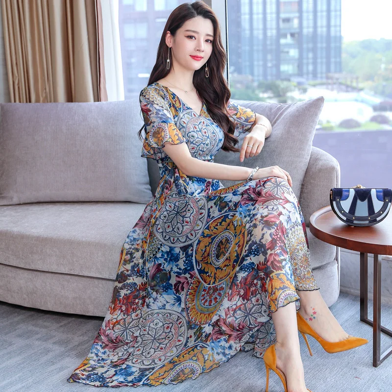 Женское шифоновое платье с цветочным принтом Длинное Элегантное пляжное V