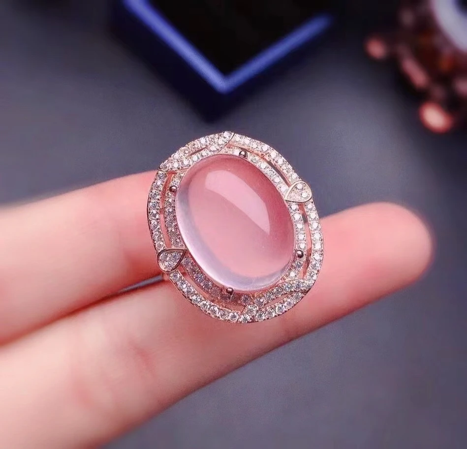 Модное серебряное кольцо с розовым кварцем для вечеринки 10 мм * 14 натуральный
