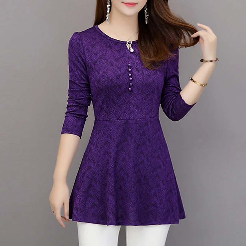 Женская красная блузка с длинными рукавами облегающая Длинная круглым вырезом