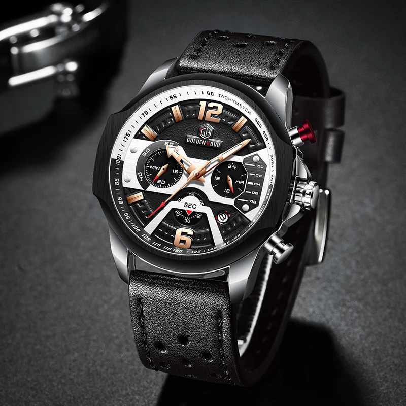 GOLDENHOUR Мужские кварцевые часы с ремешком из натуральной кожи водонепроницаемые