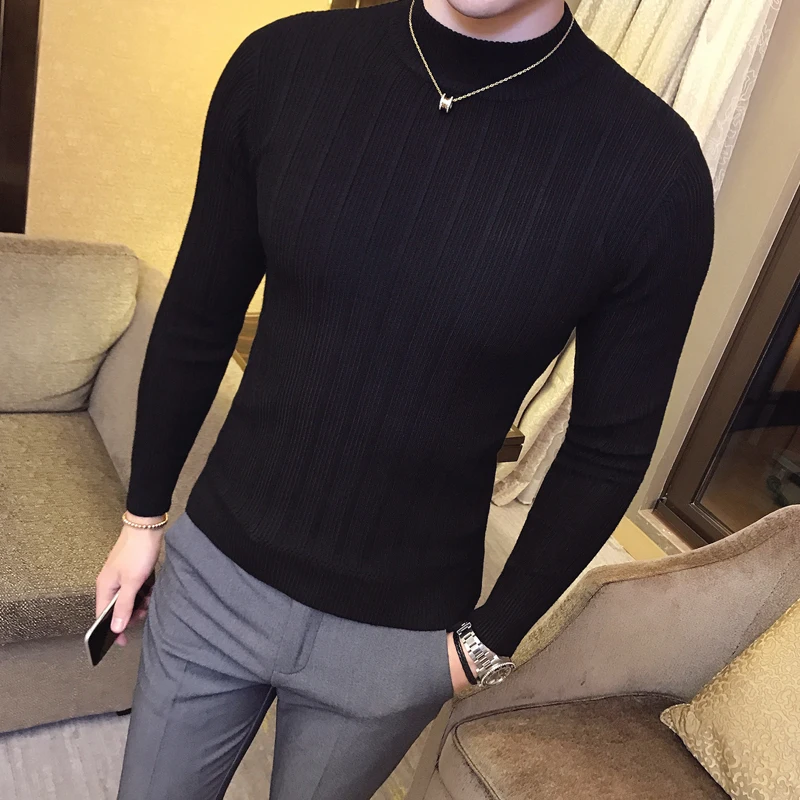2021 autumn and winter men's sweater fashion pullover boutique half-high collar stretch tight slim knit top | Мужская одежда