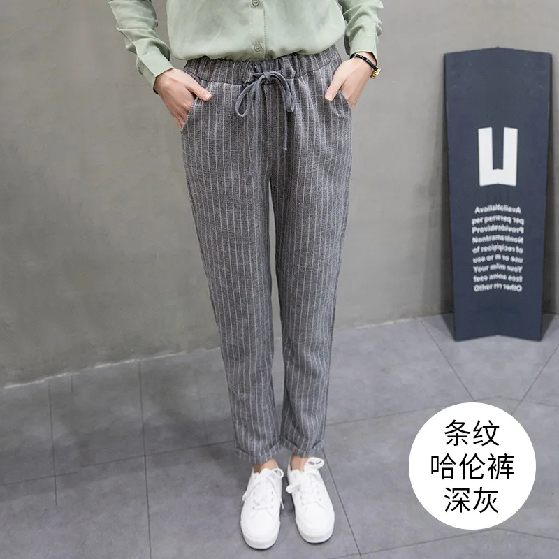 grey stripe Хлопковые льняные Осенние Летние повседневные брюки женские тонкие шаровары длиной до щиколотки клетчатые брюки женские Harajuku Новая мода - Цвет: grey stripe