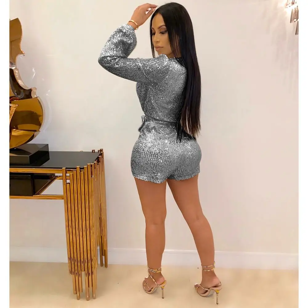 Модные блестящие тканевые комбинезоны с длинным рукавом женские сексуальные