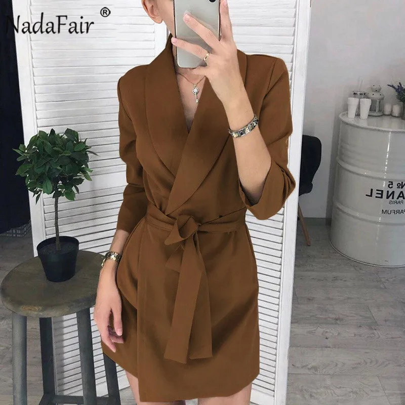 Женское офисное платье блейзер с длинным рукавом и поясом|Женские платья| |
