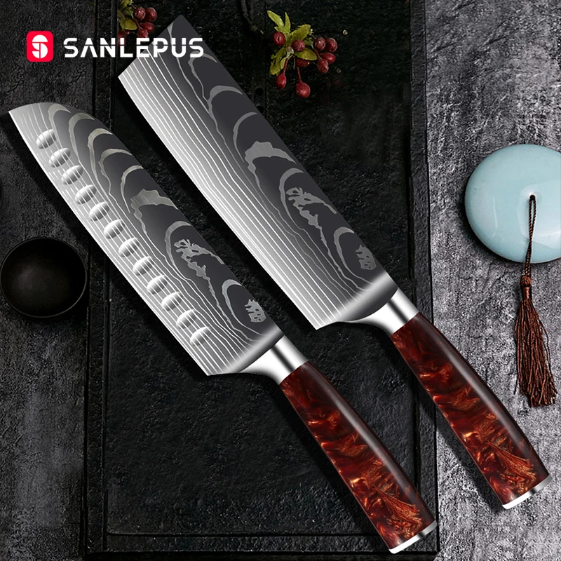 

Профессиональный кухонный нож SANLEPUS, поварские ножи из японской нержавеющей стали, имитация Дамасского шлифовального лазерного лезвия, нож ...