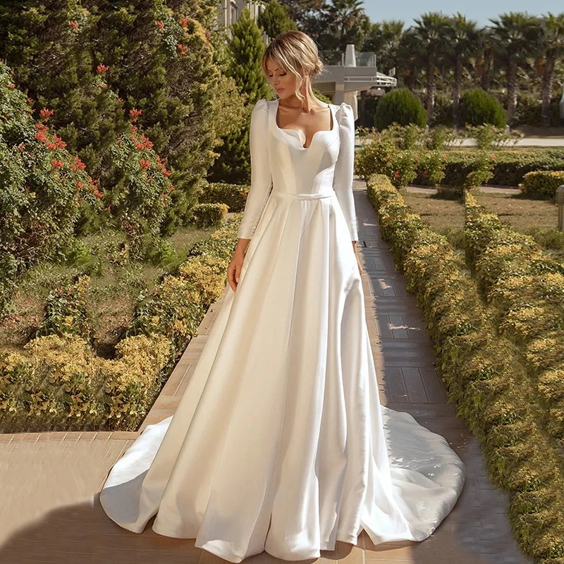 

Modern Holy Ivory Wedding Dresses Long Sleeves Bow Elegant Bridal Gown Scoop Neckline Cut Out Back 2022 Hot Sale Robe De Mariée