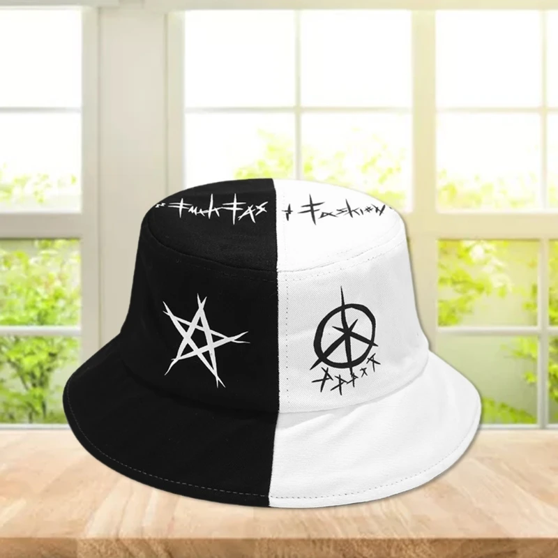

Unisex Black White Color Block Hip Hop Bucket Hat Harajuku Graffiti Star Printed Outdoor Foldable Panama Fisherman Cap