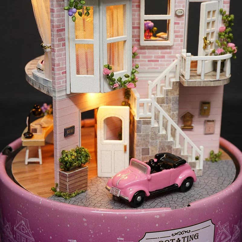 diy dollhouse rotate music box miniature assemble kits doll house with furnitures wooden house toys for children birthday gift free global shipping