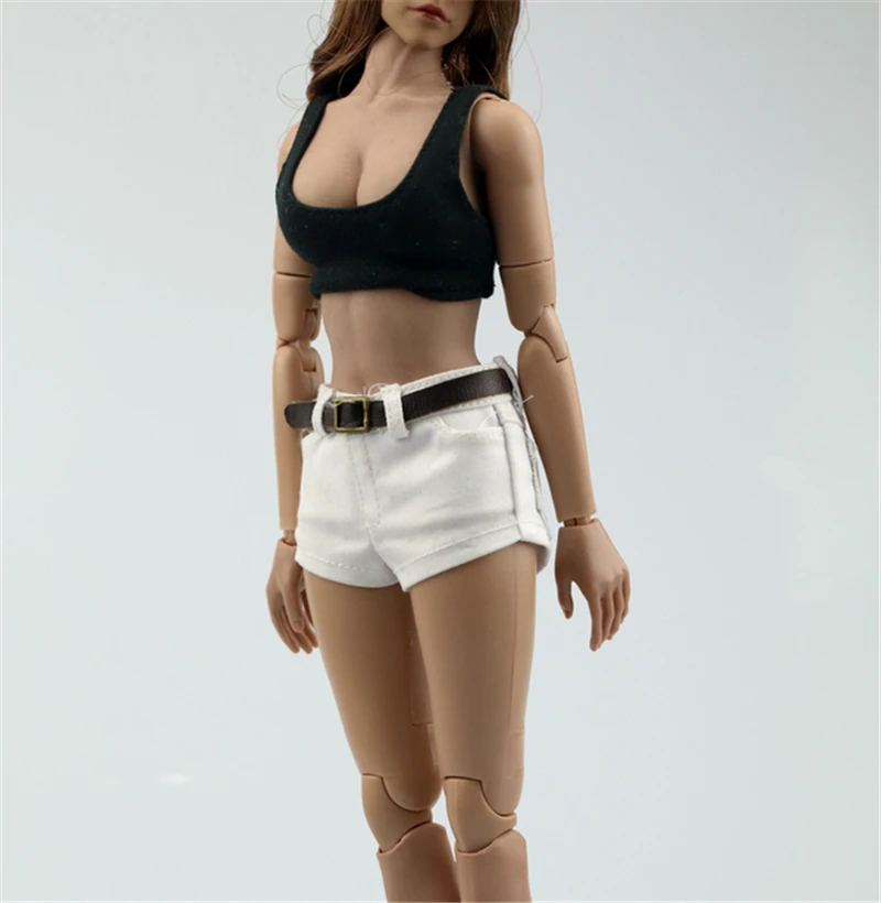 

1/6 Scale Female Clothes Accessory White hot pants shorts black vest belt Three piece set for 12" Action Figure