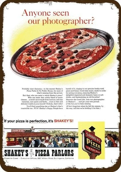 

1966 Shakey's Pizza Parlor Vintage Look Replica Metal Sign
