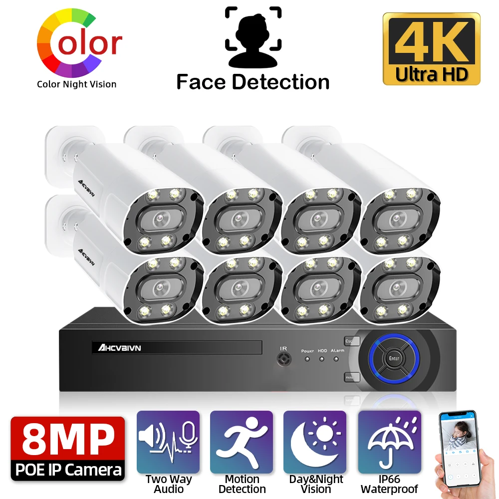 

New 4K Ultra HD 8MP Face Detection H.265 POE NVR Security Camera System Kit 2 way Audio Outdoor Street Surveillance Camera Kit