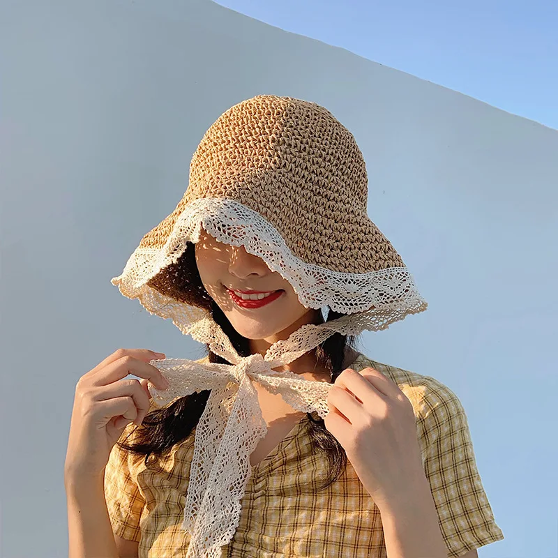 

Fashion Ladies Straw Hat Beach Straw Hat Sunscreen Lace Woven Hat Traveling Holiday Sunshade Beach Hat Ins Small Fresh Straw Hat