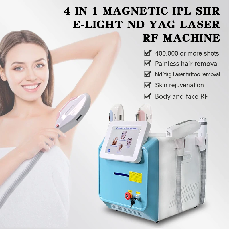 

Free Shipping 360 Magneto 4 in 1 Opt SHR IPL E-light Nd Yag Laser RF for Hair Removal Skin Lift +1064nm Tattoo Beauty Machine