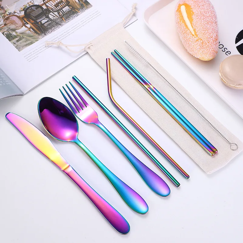

Portable Tableware Stainless Steel Dinnerware Set Knife Spoon Fork Chopsticks Straw Cutlery Set For Travel Outdoor Office