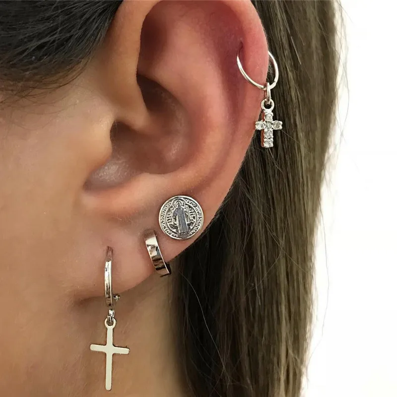 Punk Gold Color Butterfly Snake Star Cross Cactus Earrings Set for Women Crystal Geometric Studs Statement Jewelry | Украшения и