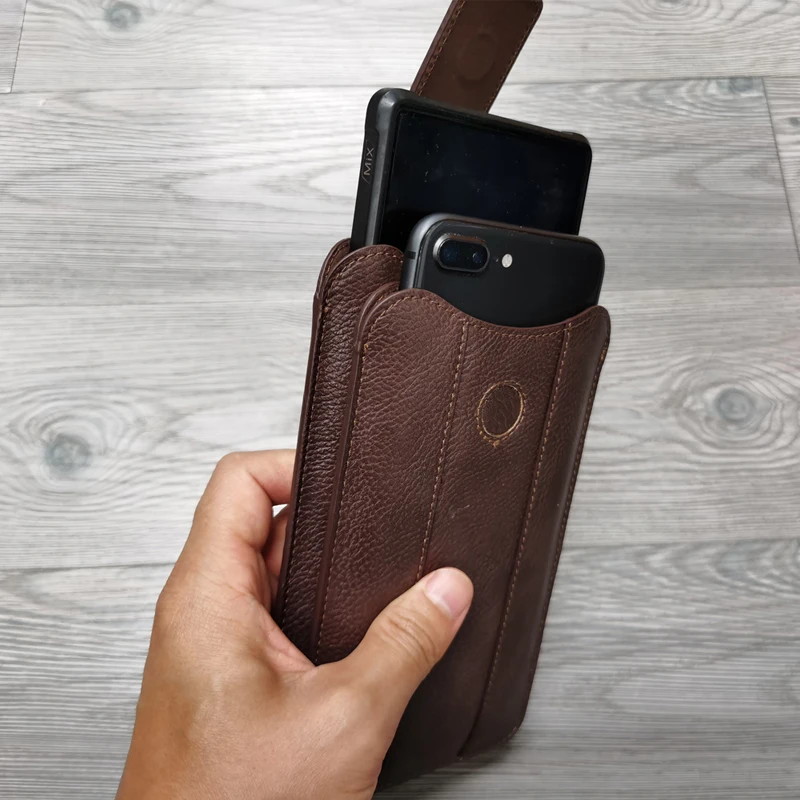 Leather Phone Bags Case Dual Pouch 5.5-7.2'' for iPhone Huawei Samsung Xiaomi Shockproof Magnetic Belt Clip Bag with Card Holder