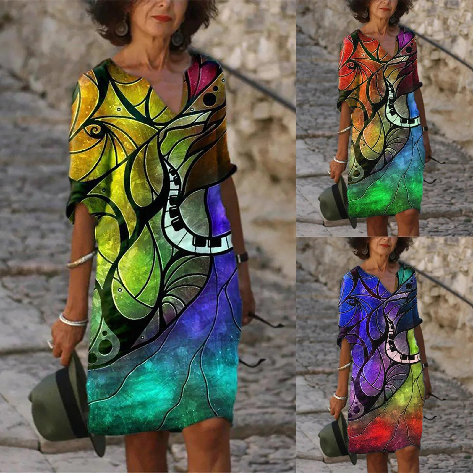 

Summer Sexy Printed V-neck Straight Dress summer Beach Half sleeve loose Knee-length Dress Breathable skirt Vestidos Mujer