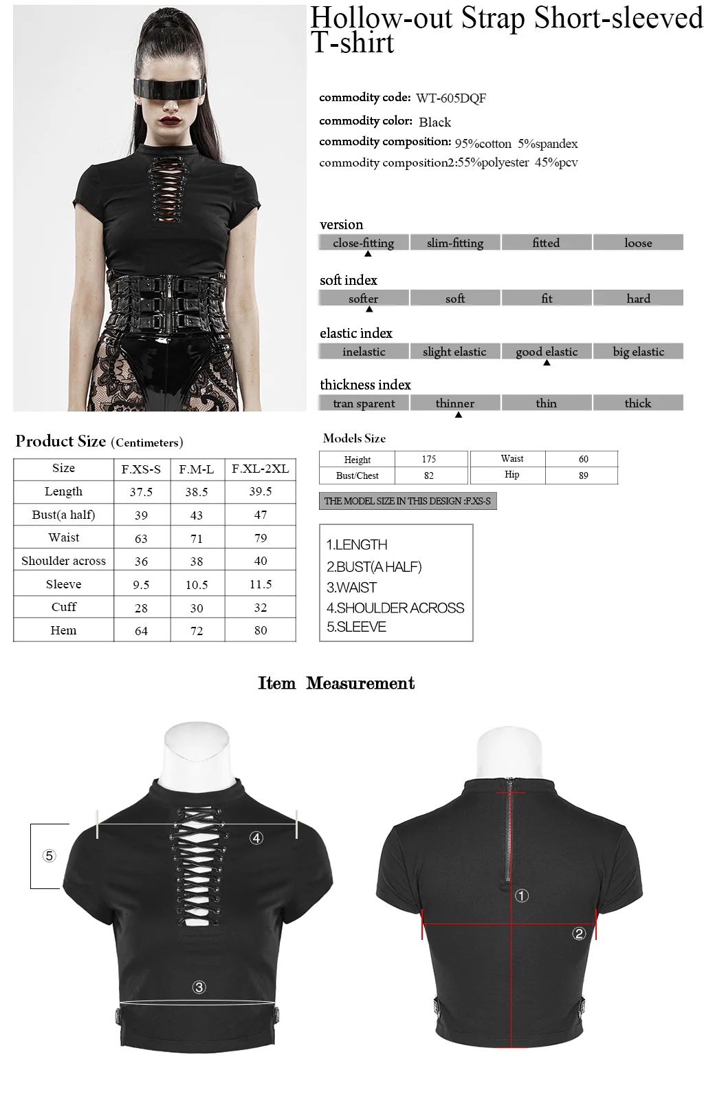 PUNK RAVE Women Hollow-out Strap Short T-shirt Punk Style Knit Printed Plaid Shirt Slim Fit Sexy Club Tops | Женская одежда