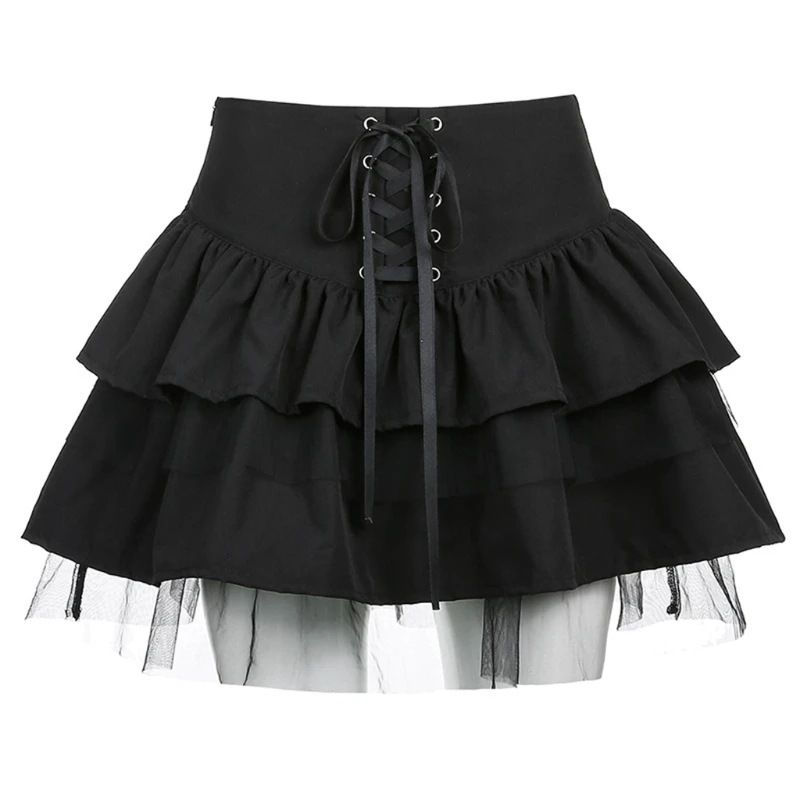 

Gothic Women Vintage Crisscross Lace-Up Pleated Mini Skater Skirt Dark Punk Mesh Patchwork A-Line Harajuku Streetwear