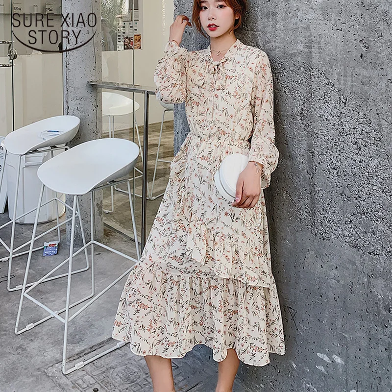 Женское платье макси элегантное шифоновое с цветочным рисунком осеннее бантом