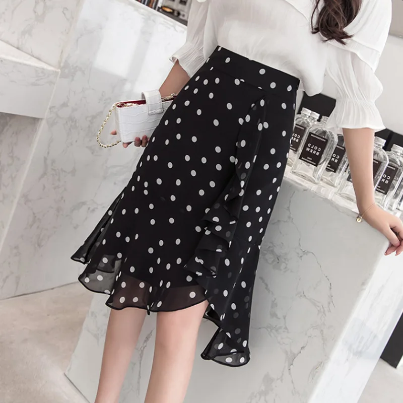 

2021 Summer Women Chiffon Mermaid Skirts Female High Waist Irregular All-match Elegant Skirt Office Lady Thin Ruffles Wears Slim