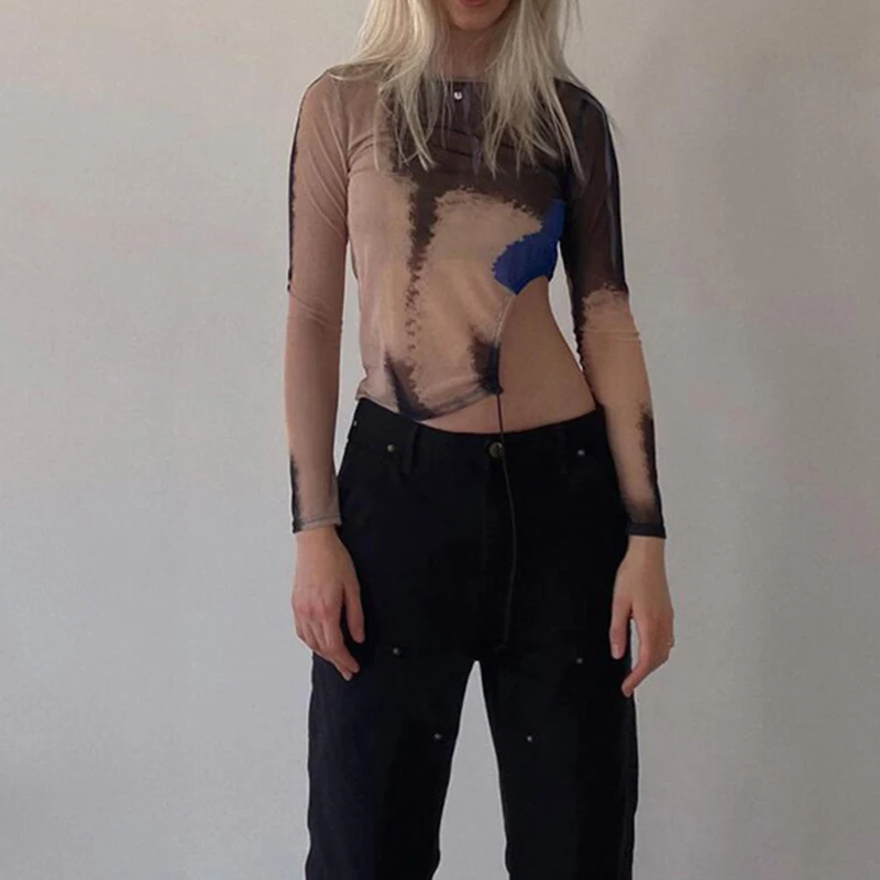 

Sexy Mesh Print T-Shirts Women Clothing Skinny Punk See Through Long Sleeve Tops Gothic Drawstring Side Tie Dye Tees