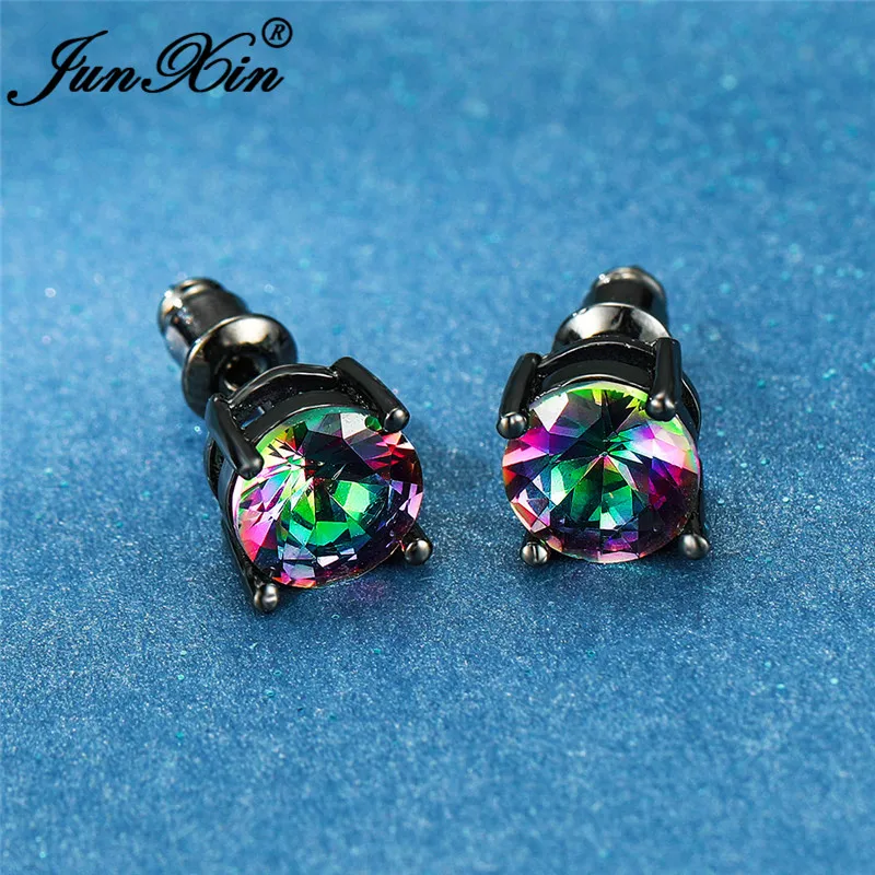 Серьги-гвоздики унисекс круглые 8 мм с разноцветными фианитами | Украшения и