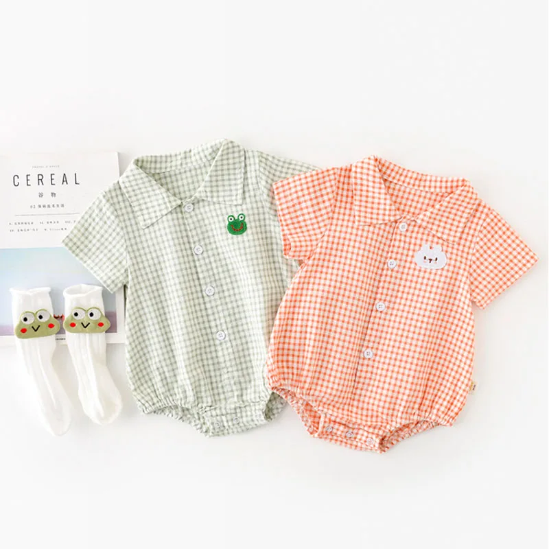 

Новинка лета 2021, детское боди MILANCEL, клетчатый комбинезон с коротким рукавом для младенцев, повседневная одежда для малышей с мультяшным при...