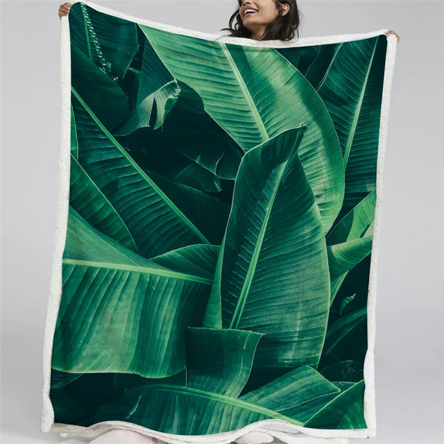 BlessLiving Green Leaf Throw Blanket Leaves Texture Sherpa Blanket for Adult Kids Tropical Palm Foliage Plush Blanket Bedding 1