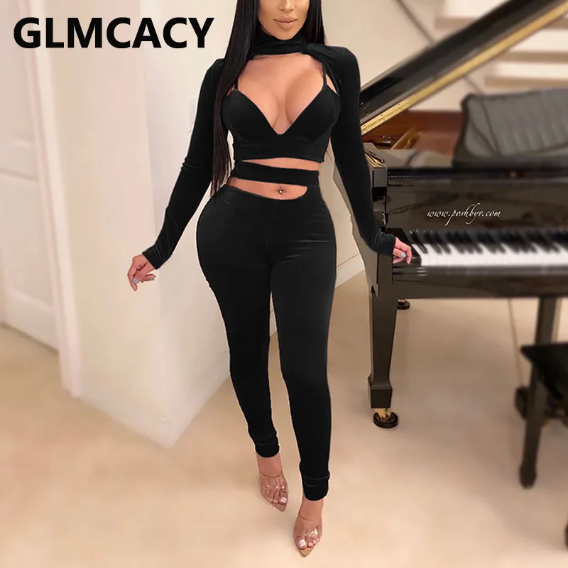 

Women 3 Pieces Suits Long Sleeve Top & Spaghetti Crop Top & Slim Pants Set