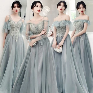 Bridesmaids Dresses Illusion Off The Shoulder Floor-Length V-Neck Embroidery Beading Lace Tulle Women Wedding Party Dress E054 Bridesmaids Dresses Illusion Off The Shoulder Floor-Length V-Neck Embroidery Beading Lace Tulle Women Wedding Party Dress E054