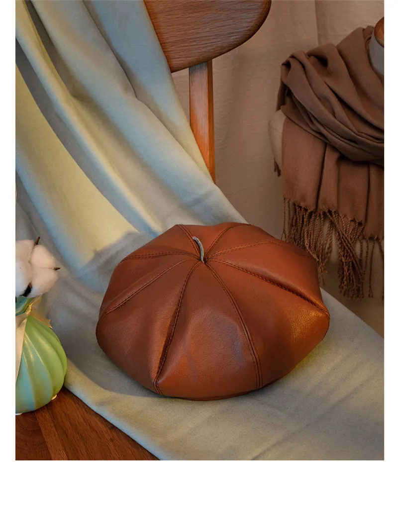 

Autumn And Winter England Hat Female Retro PU Leather Beret Hipster Korean Students Wild Japanese Octagonal Hat Painter Hat