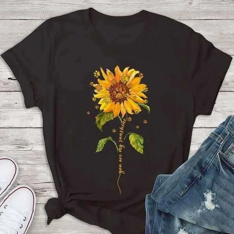

100% Pure Cotton T Shirt Sunflower Print Women Short Sleeve O Neck Loose Tshirt 2020 Summer Tee Shirt Tops Camisetas Mujer