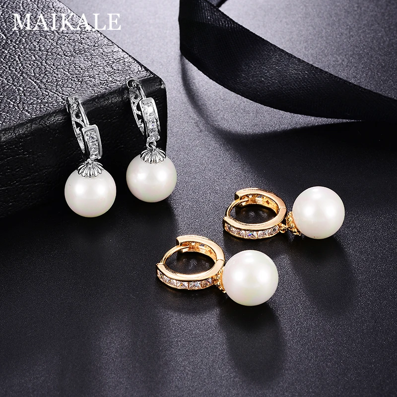 Женские серьги подвески с жемчугом MAIKALE круглые большие корейские фианитом