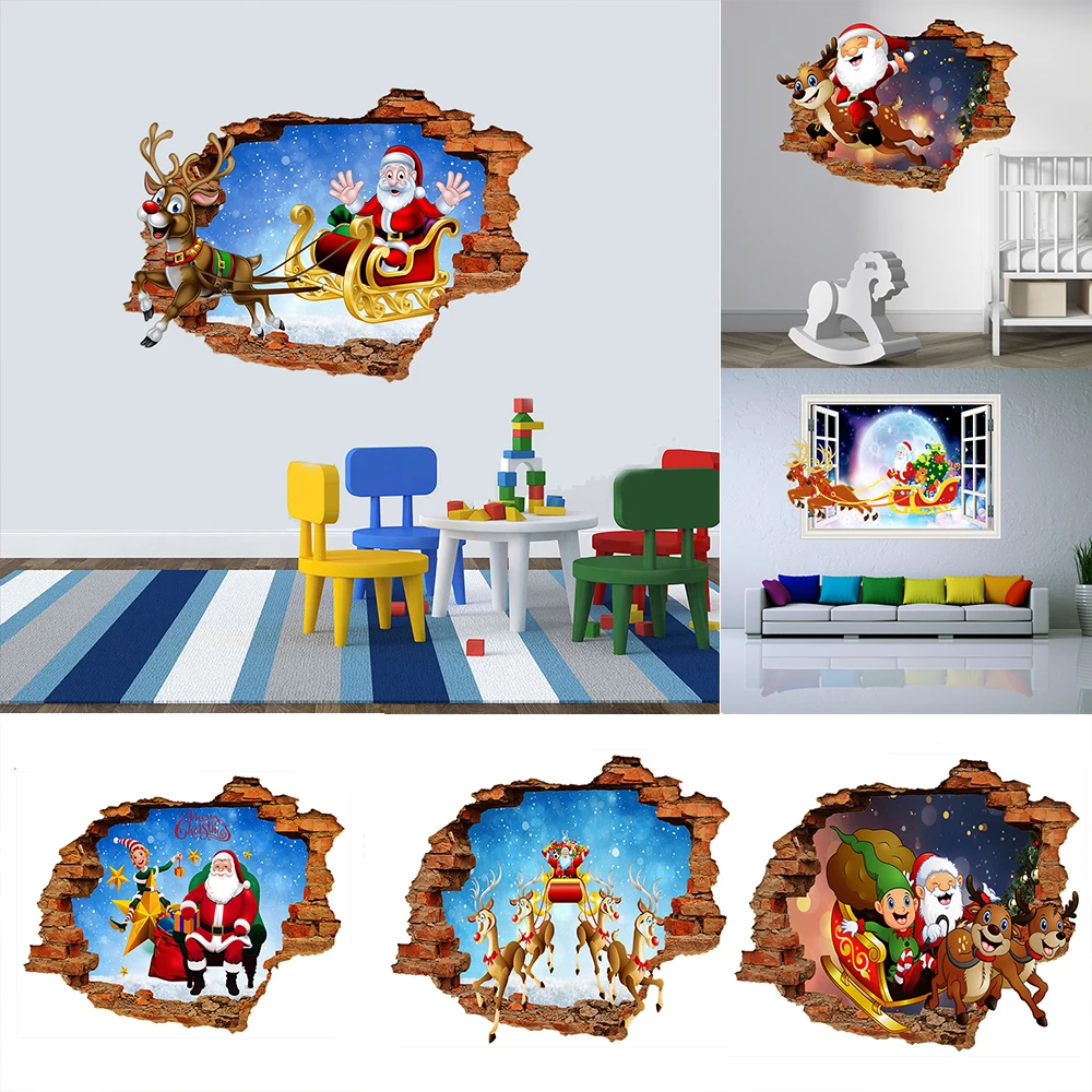 

3D Brick Pattern Broken Wall Santa Claus Wall Sticker For Kids Baby Rooms Nursery Christmas Decoration Peel & Stick Art Mural