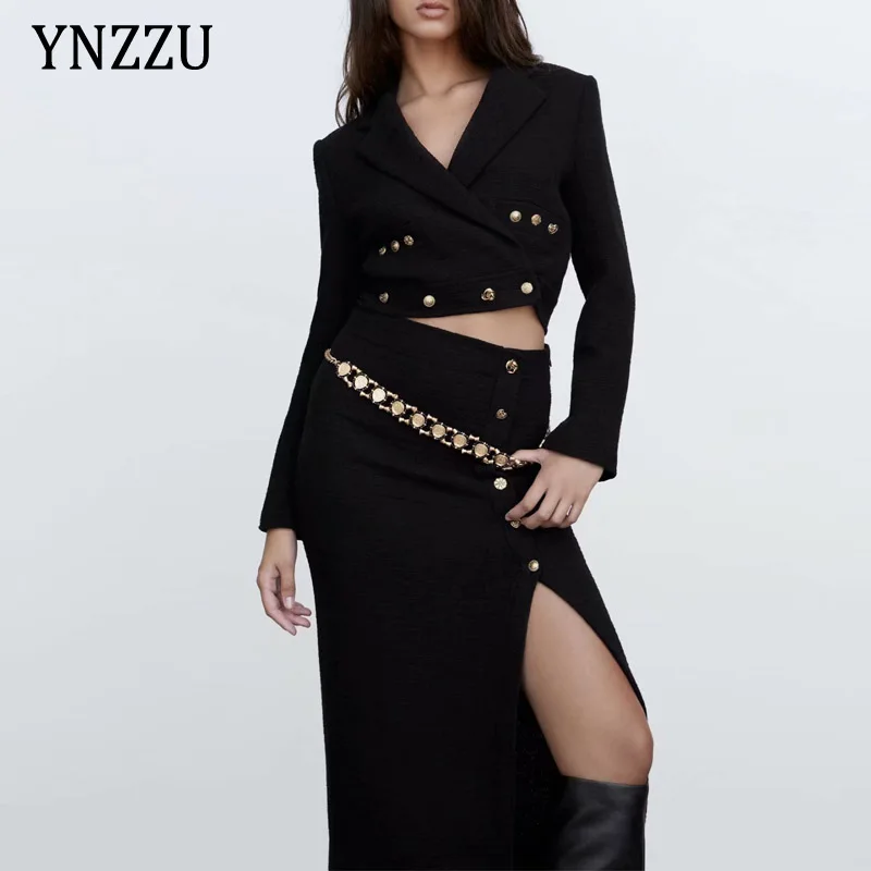 

Fashion Women cropped buttoned blazer Jacket 2021 Autumn WInter Office lady Suite Two piece set High waist Skirt New YNZZU 1O229