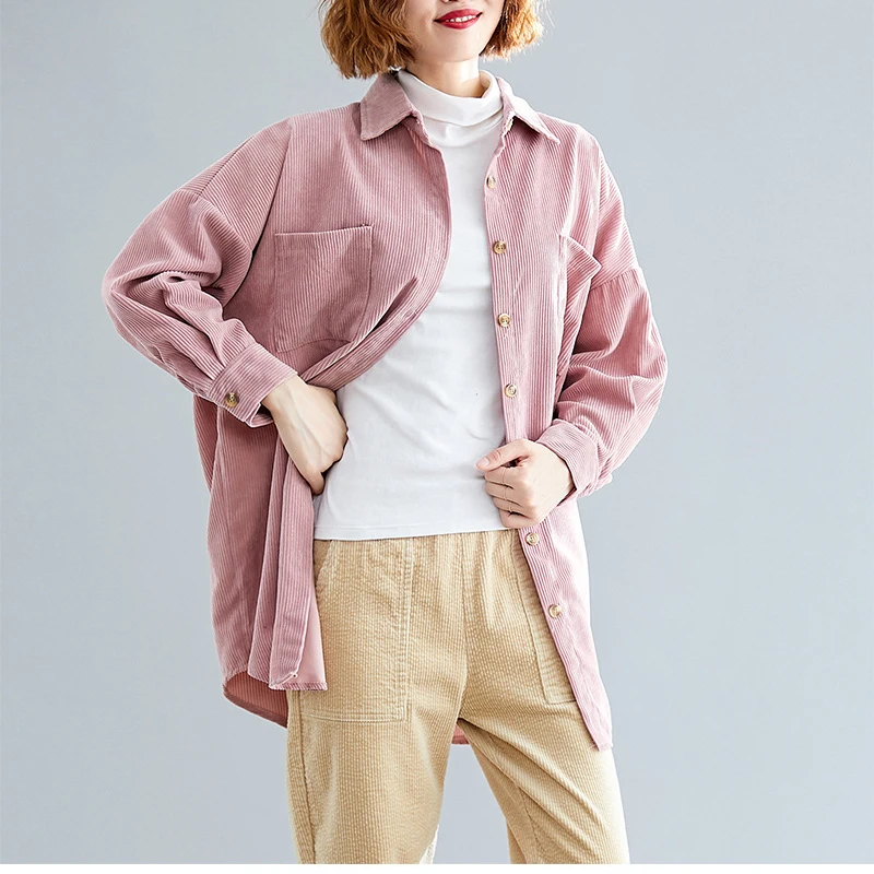 Новинка весны 2020 однобортная рубашка средней длины для женщин вельветовые топы с