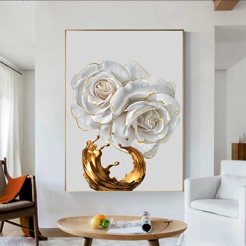 

White Rose Flower Golden Ink Splash Abstract Poster Nordic Art Plant Canvas Painting Modern Wall Picture for Living Room Decor