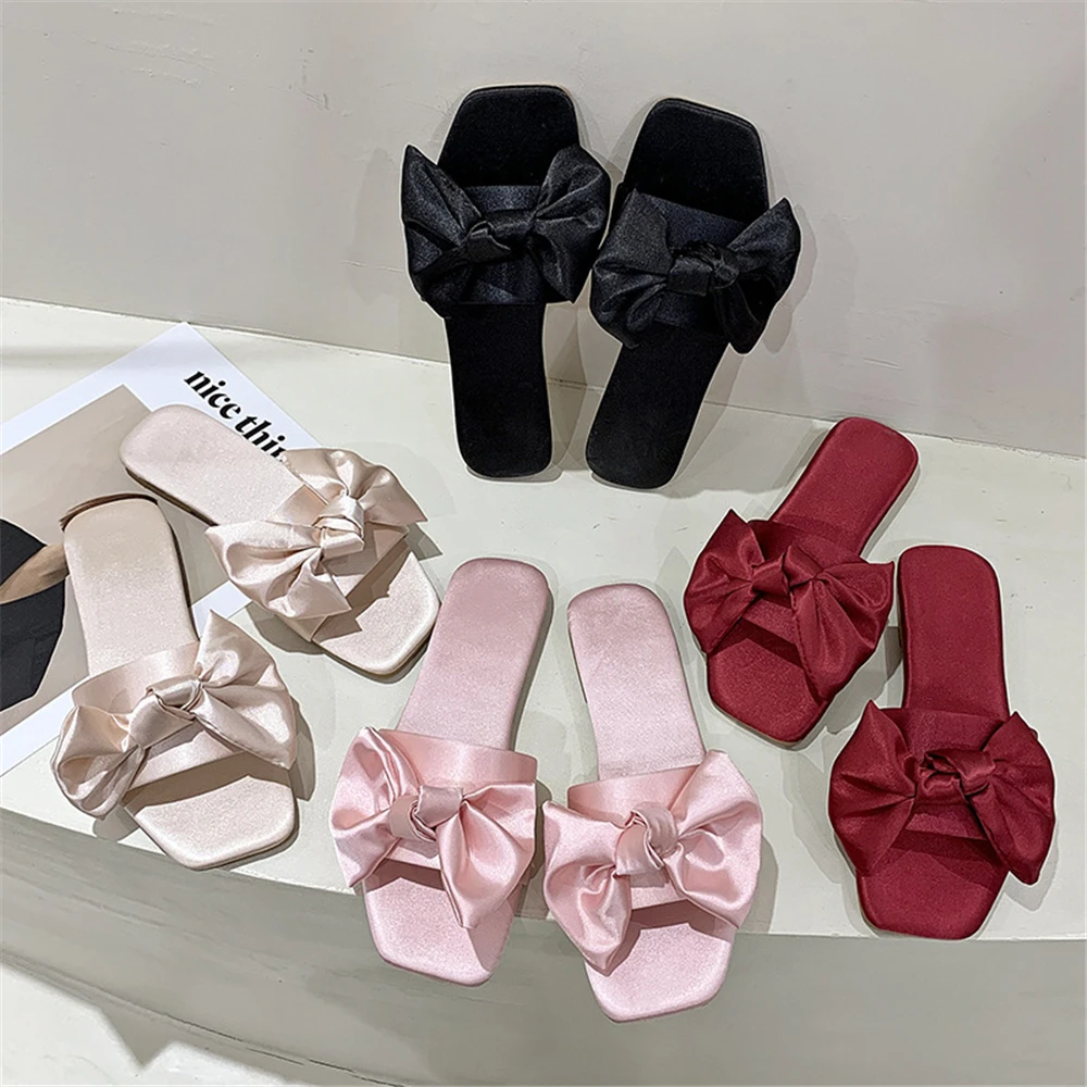 

New Fashion Satins Wedding Slippers Luxury Women Peep Toe Bedroom Home Sandals Bride Bridesmaid Wedding Shoes With Silk Bow