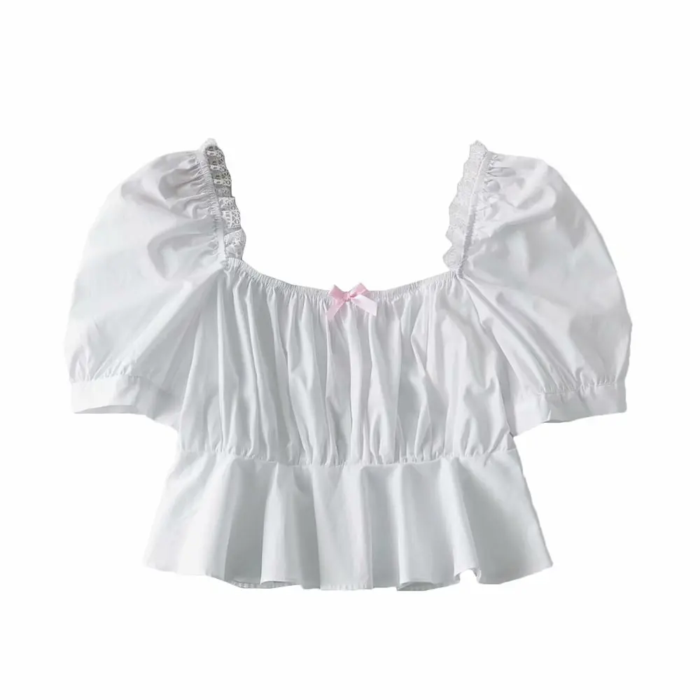 

2021 Women Summer Square Collar Sweet Blouse Bowknot Palace Puff Sleeve Tee Short Sleeve Cotton Crop Top